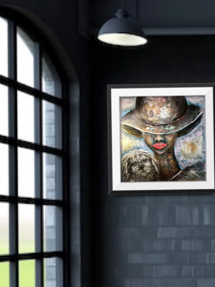 Fantasy woman in a hat with a small dog painting,original acrylic painting on canvas,home decoration wall art, unique gift.