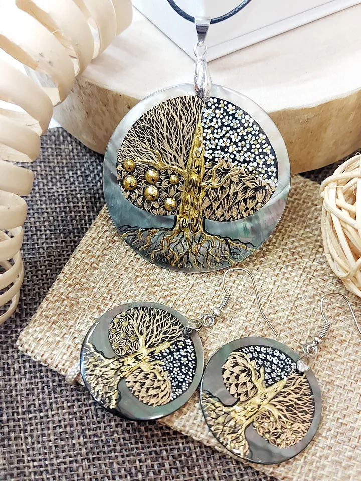 Seasons of Life: Artistic Tree of Life Pendant and Earrings Set - Hand-Painted by Skilled Artisans inspired by Gustav Klimt's Masterpieces