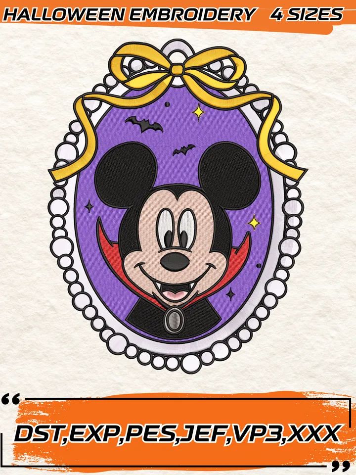 Disney Mickey Mouse Vampire Embroidery Design,Halloween Mirror Bow Embroidery Design,4 Sizes, Digital Download