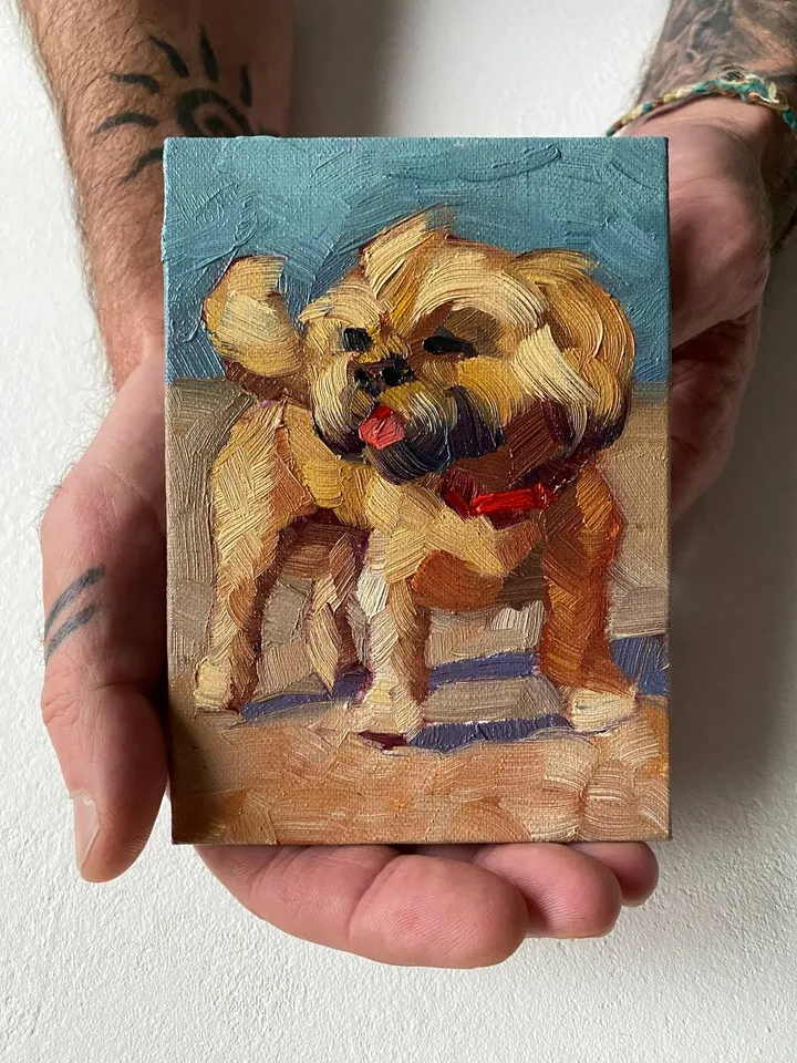 Dog oil painting original, Pet portrait artwork, Animal miniature wall art 4x6