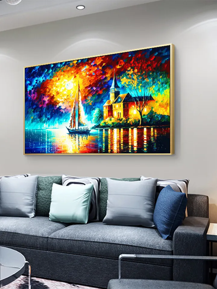 Original Colorful Lake View Oil Painting On Canvas, Abstract Boat Painting, Lakeside Buildings Art, Large Wall Art, Living room Wall Decor