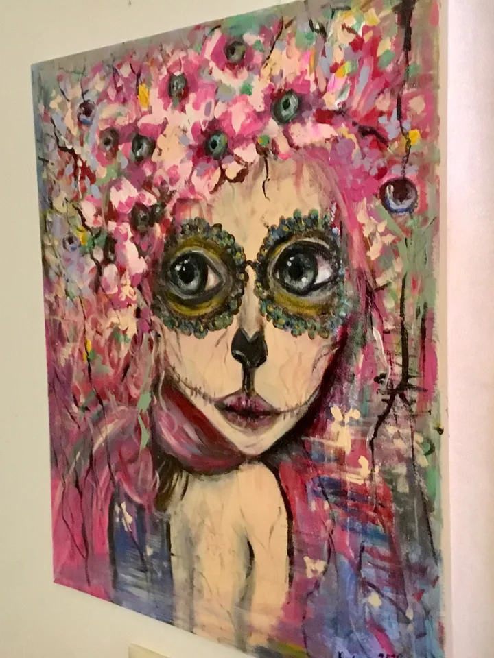 Santa muerte painting,original acrylic painting on stretched canvas,one of a kind,Halloween decoration,fantasy woman in flowers portrait.