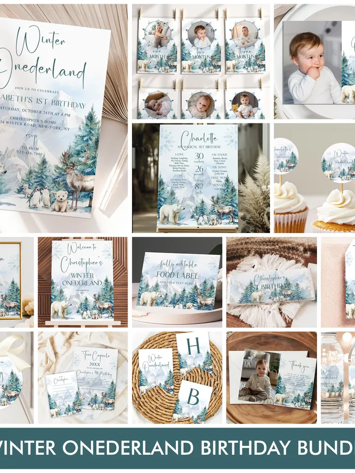 Winter Onerderland Boy 1st Birthday Invitation Bundle, Winter Wonderland Xmas First Party Invite Decor Set, Editable Corjl Template - i132