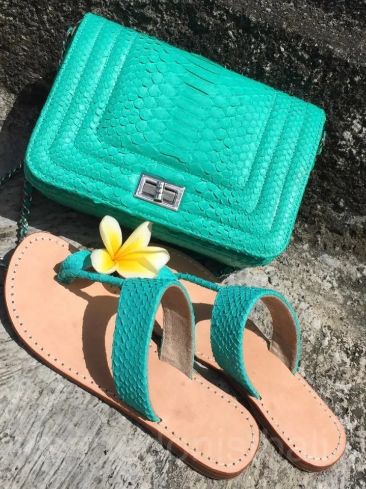 Python skin sandal turquoise Tiffany color | Women summer sandals | leather flops| summer shoes | flat woman shoes | designer sandal