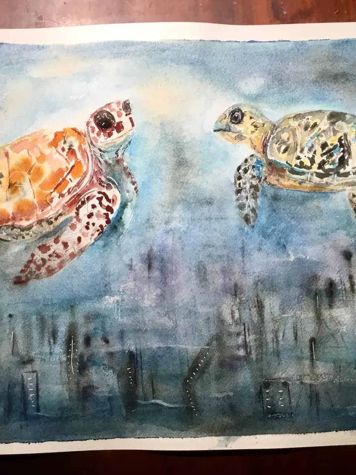 Turtles flying over a fantasy town,original watercolor painting,turtles painting,animals watercolor painting,fantasy wall art.