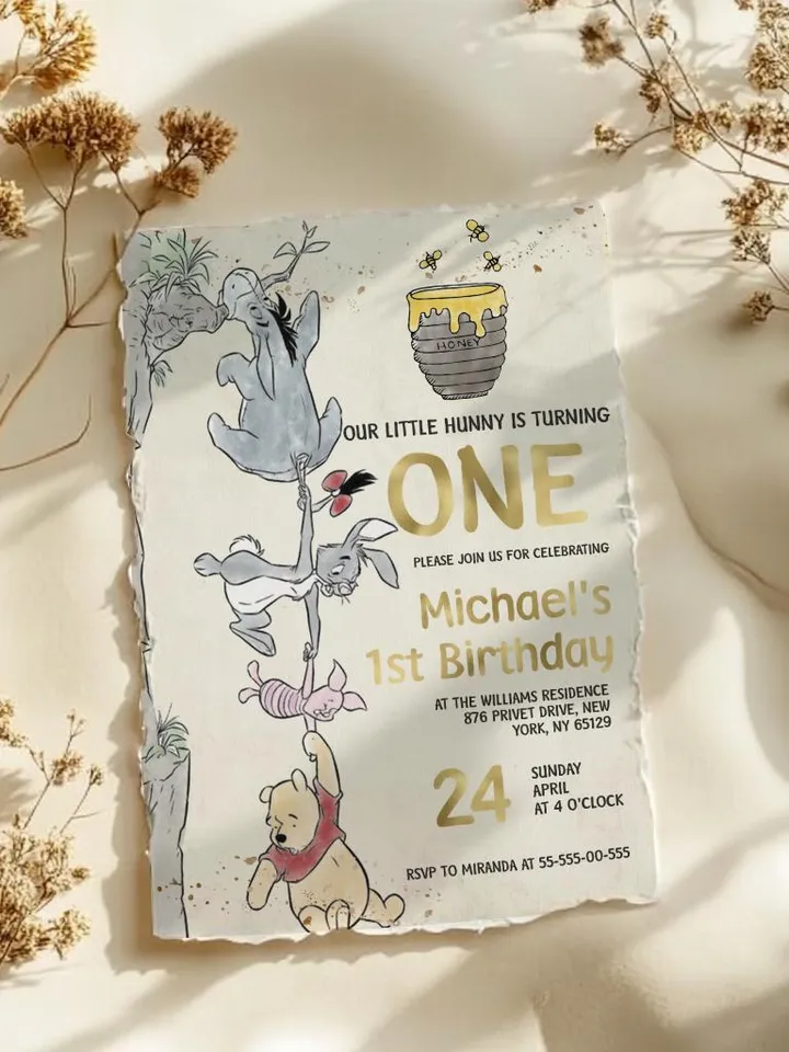 Winnie the Pooh Inspired First Birthday; Classic Winnie Pooh Invitations; Neutral Winnie Pooh Turning One; Winnie Pooh Birthday Party Theme