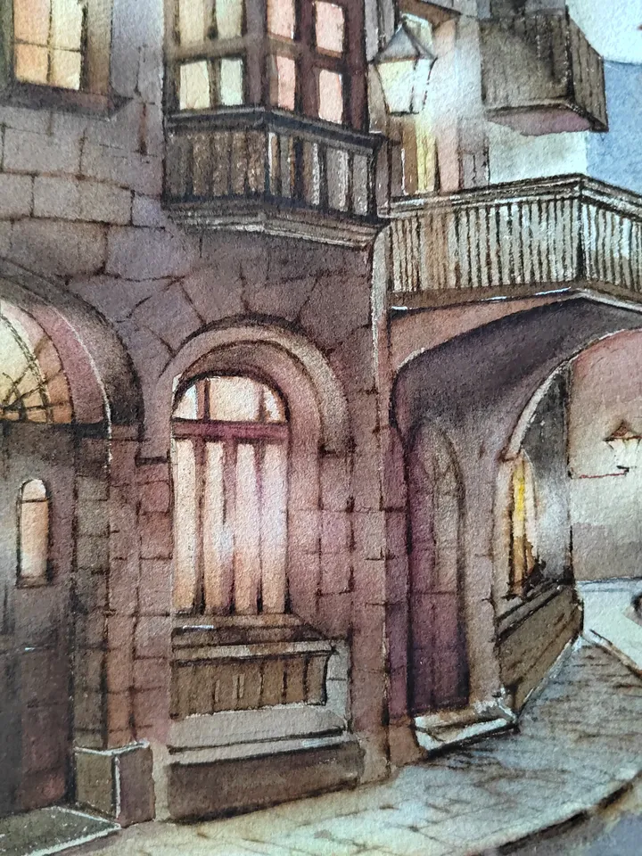 Original Watercolor Painting Victorian Urban Landscape Art English street Artwork 30x38 cm by SoftWaves