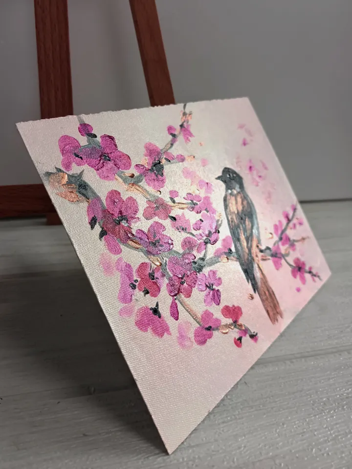 Painting "Sparrow and blossoming plum"/acrylic painting, cardboard 6x8". Author's handmade.