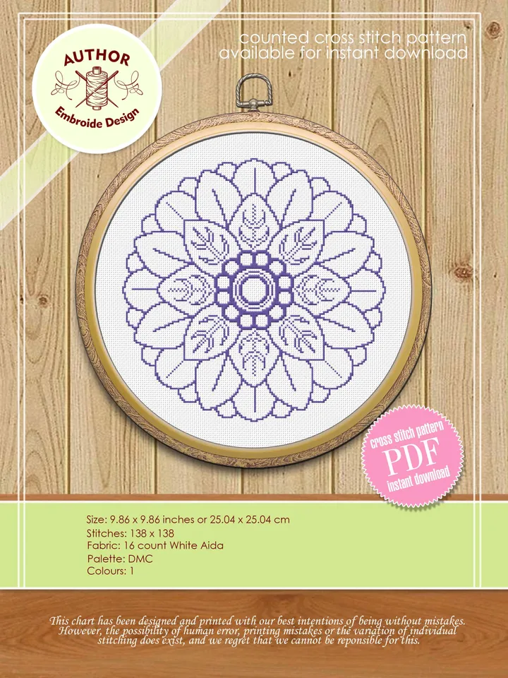 Flower mandala cross stitch pattern download PDF Floral ornament cross stitch chart Monochrome cross stitch Mandala pattern digital PDF #M31