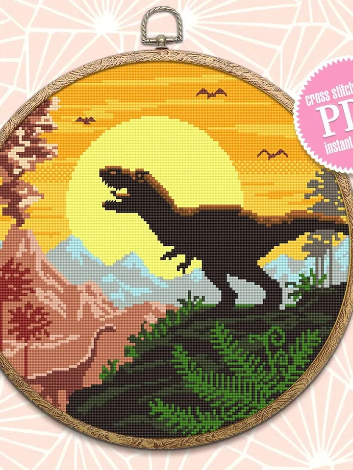 Dinosaur cross stitch pattern download PDF, Ancient animal cross stitch chart, Mountain landscape cross stitch, Nature beginner stitch #D6
