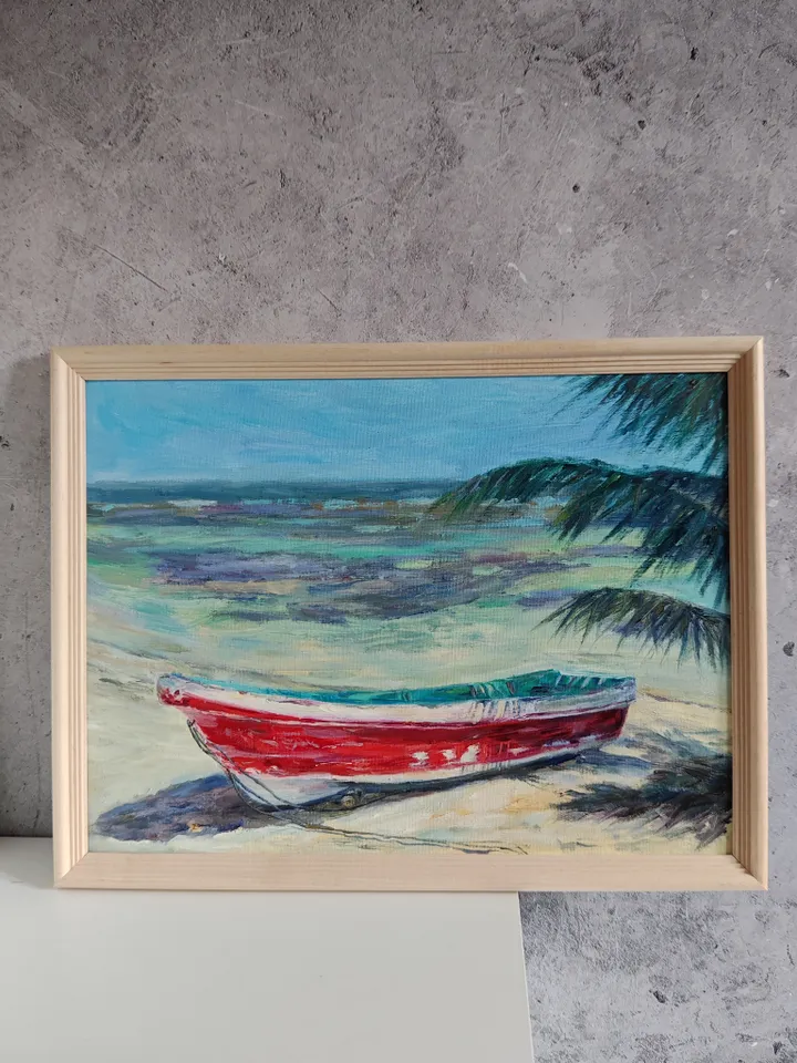 Boat oil painting beach artwork