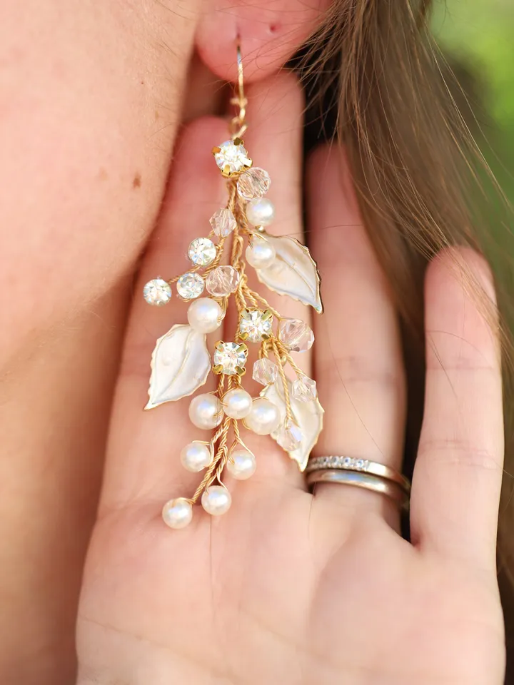 Boho Leaf Bridal Earrings, Pearl Wedding Earrings Rose Gold Bridal Earrings Long Chandelier Statement Earrings Crystal Jewelry Jewellery Set