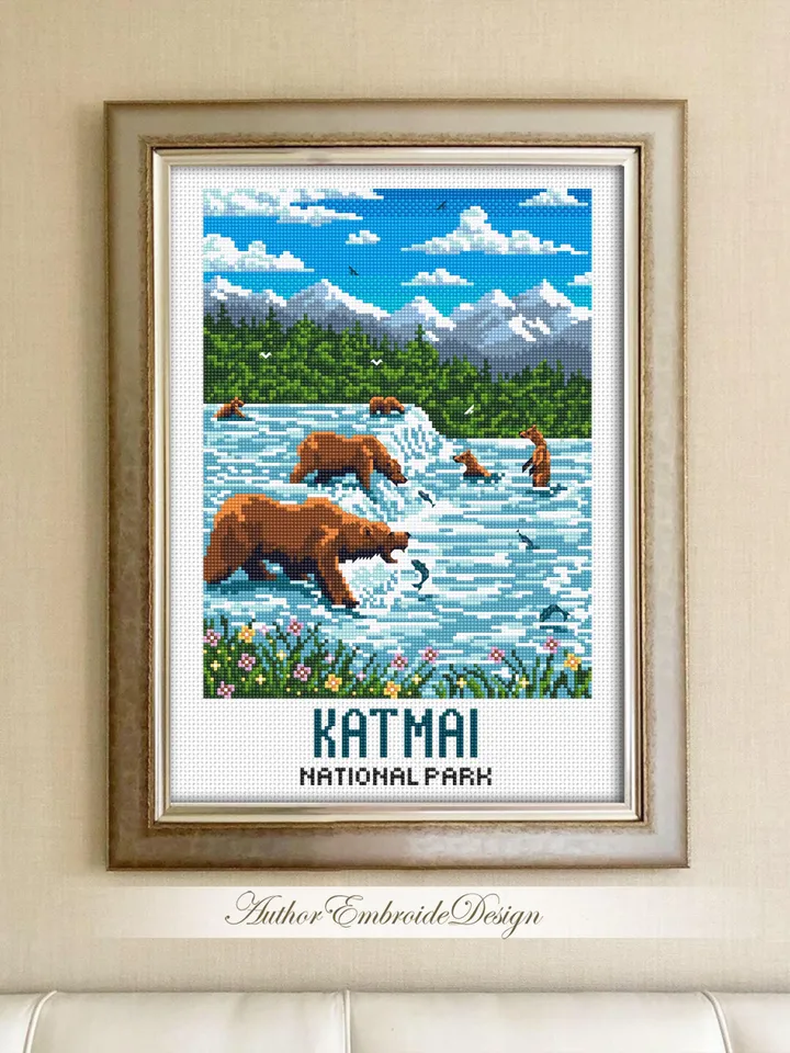 Katmai national park cross stitch pattern PDF download Travel poster cross stitch Bears catch fish Brooks falls in Alaska Bear fishing #L101