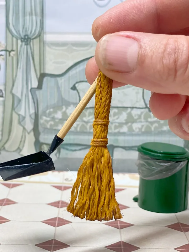 Household set for a dollhouse. Doll accessories, Broom, scoop, bucket.1:12
