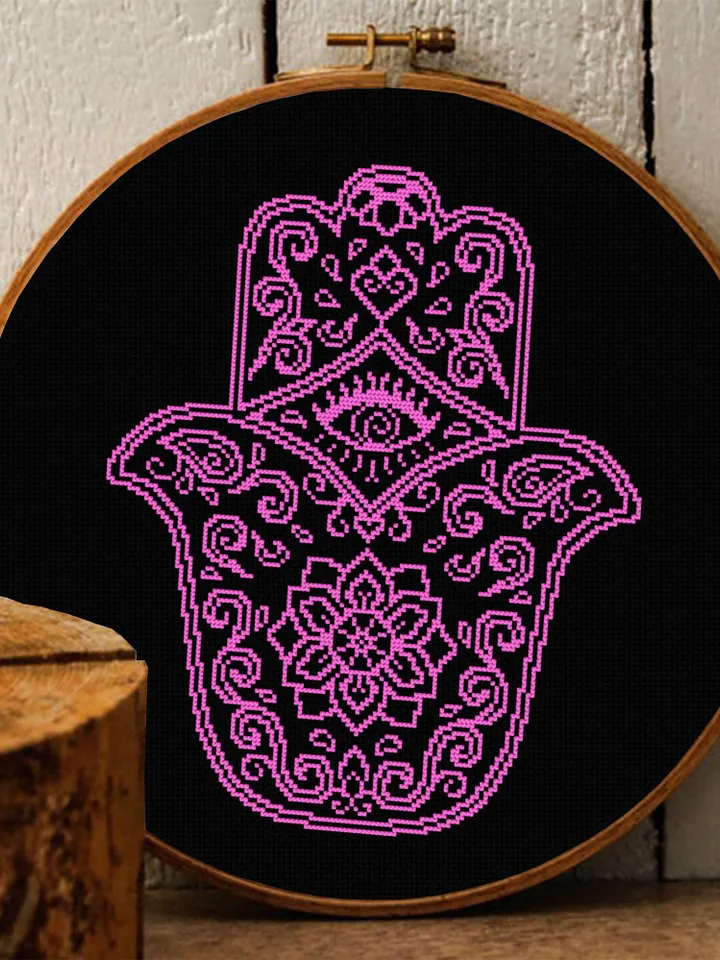 Hamsa hand cross stitch pattern download PDF, Easy mandala pattern PDF, Hand of Fatima cross stitch, Evil eye hamsa beginner stitch #M18