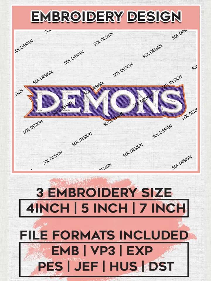 NCAA Demons Team Word Logo Embroidery Design Files, NCAA Northwestern State Demons Machine Embroidery, NCAA Teams, Game Day, 3 sizes, NCAA Machine embroidery designs, Digital Download