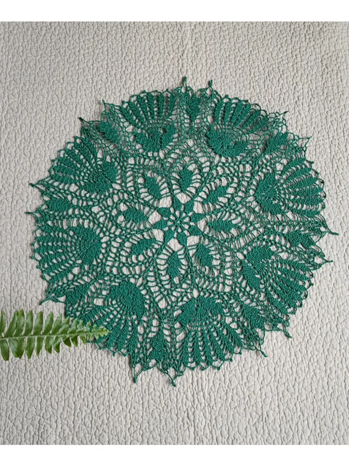 Hand crocheted large emerald mint doily gray-beige tablecloth 18.50-20.47 inches