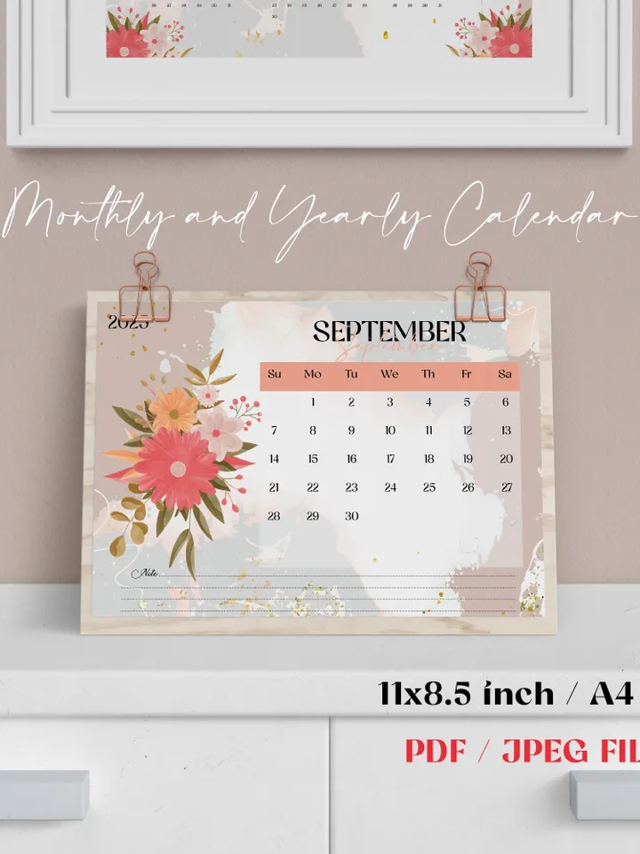 Printable 2025 Calendar, Monthly and Yearly Floral Calendar, A4 PDF & JPEG Files, Digital Wall Calendar, Modern Home Office Decor, New Year