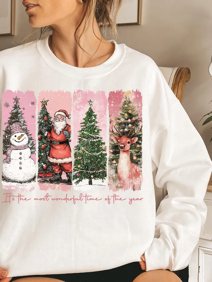 Pink It's the most wonderful time of the year png, Santa Claus png, Vintage Christmas png, Christmas Coquette bow png, Reindeer snowman png