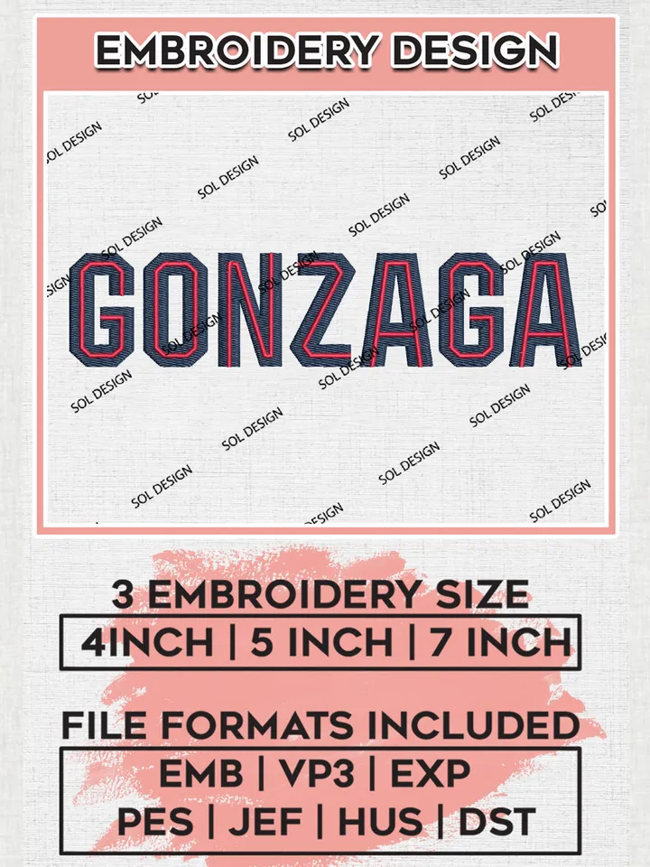 NCAA Gonzaga Team Word Logo Embroidery Design Files, NCAA Gonzaga Bulldogs Machine Embroidery, NCAA Teams, Game Day, 3 sizes, NCAA Machine embroidery designs, Digital Download