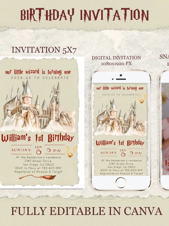 Wizard School 1st Birthday; Magic School Party Invite Template; The Chosen One Wizard Birthday Invitation; Magical First Birthday canva diy