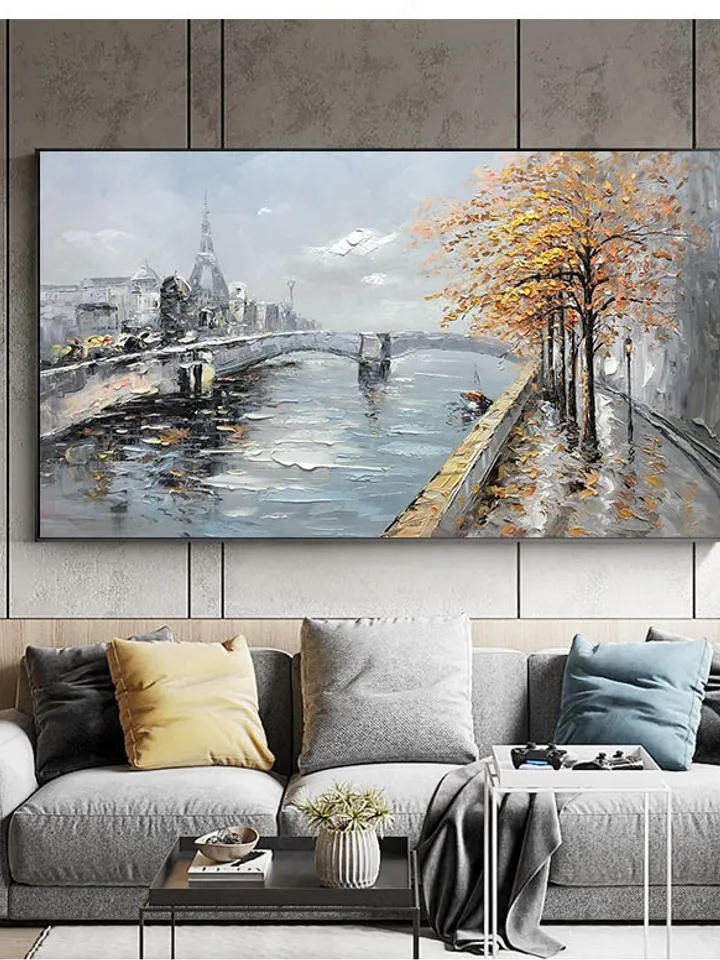 Large Original Oil Painting on Canvas,Abstract Art,Boho Wall Decor,Lake,Trees,Landscape,Bridge,Nature,Living Room Painting, Large Wall Art