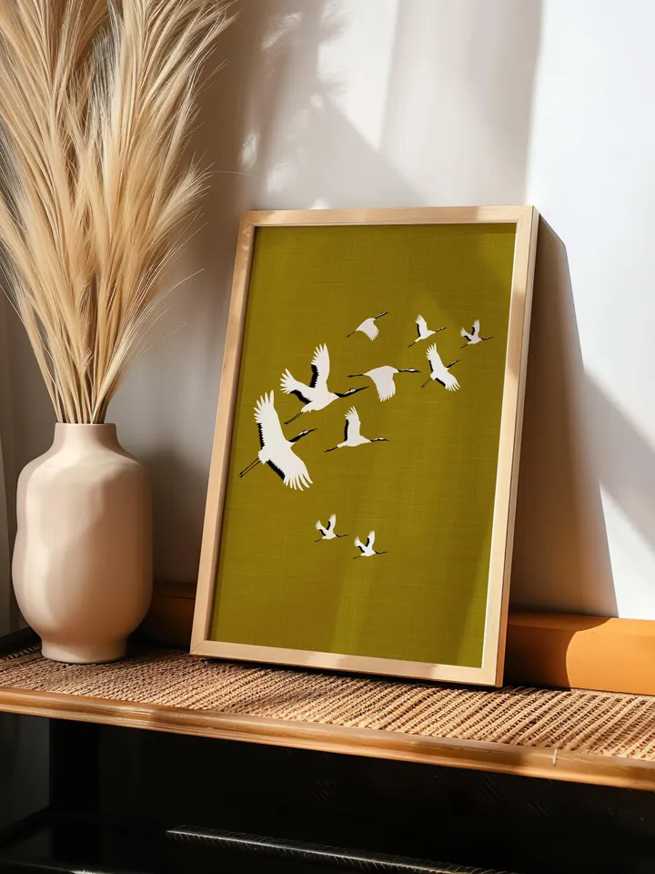 Olive Green Cranes Wall Art Digital Print Japanese Style Gold Accent Bird Poster Maximalist Decor Eclectic living Room Artwork Gift poster