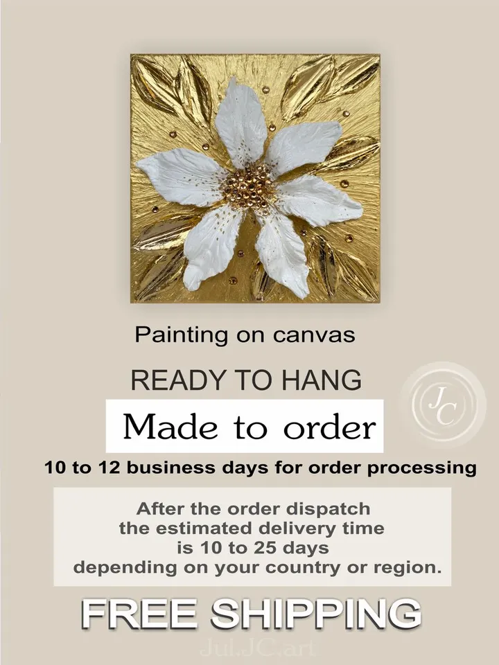 White and Gold Flower art Lily Textured artwork Floral painting by Juliya JC