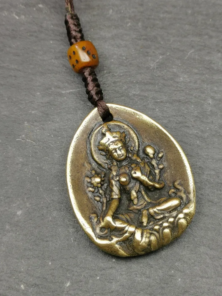 Gandhanra Antique Tibetan Buddhist Protective Amulet,Green Tara Pendant,Jetsun Dolma,Made of Brass