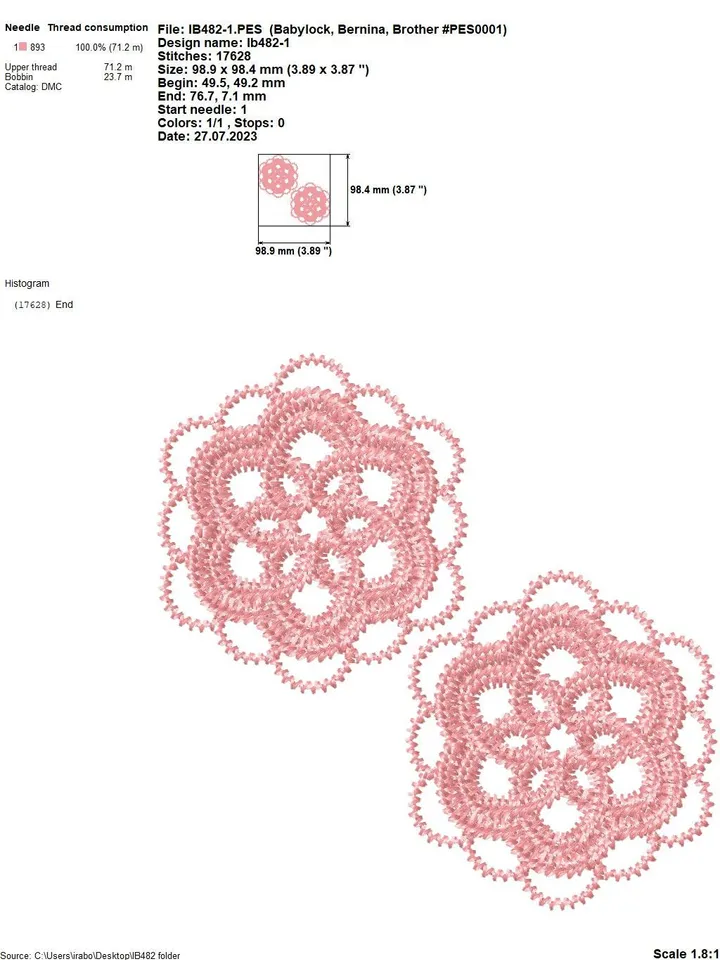 Lace elements using the crochet technique, for creating decorative elements and embellishments, machine embroidery designs