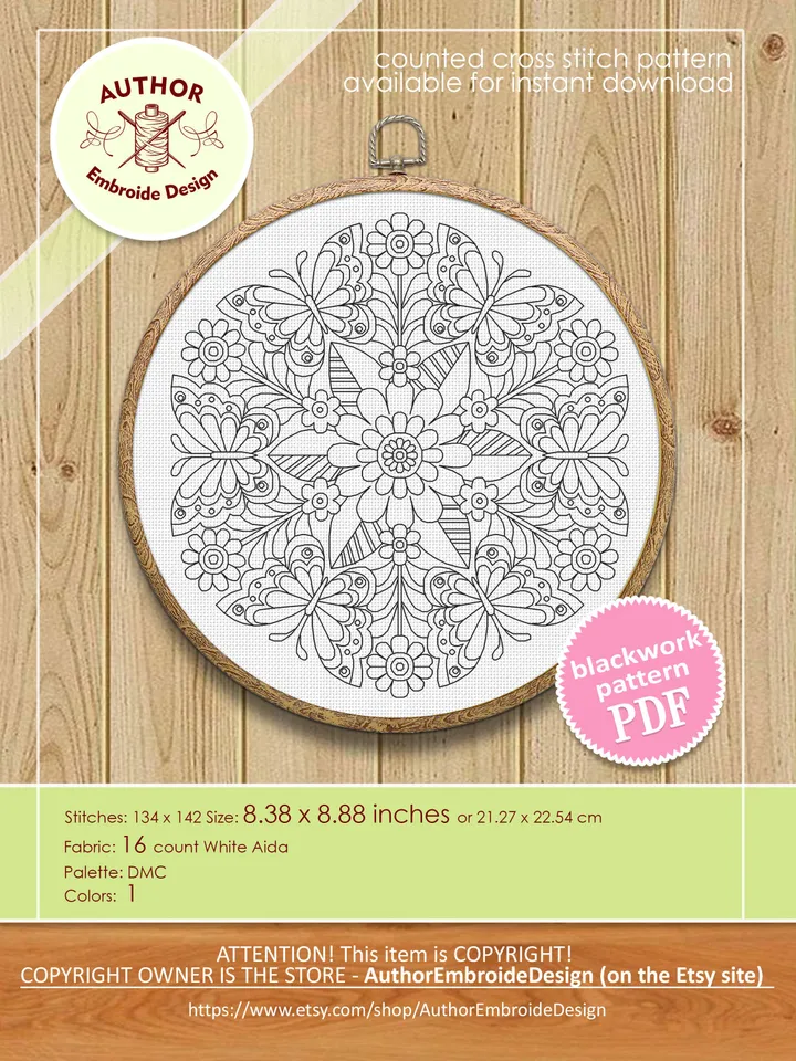 Floral mandala blackwork pattern PDF Blackwork mandala embroidery download PDF, Mandala butterfly Backstitch chart Blackwork embroidery #W19