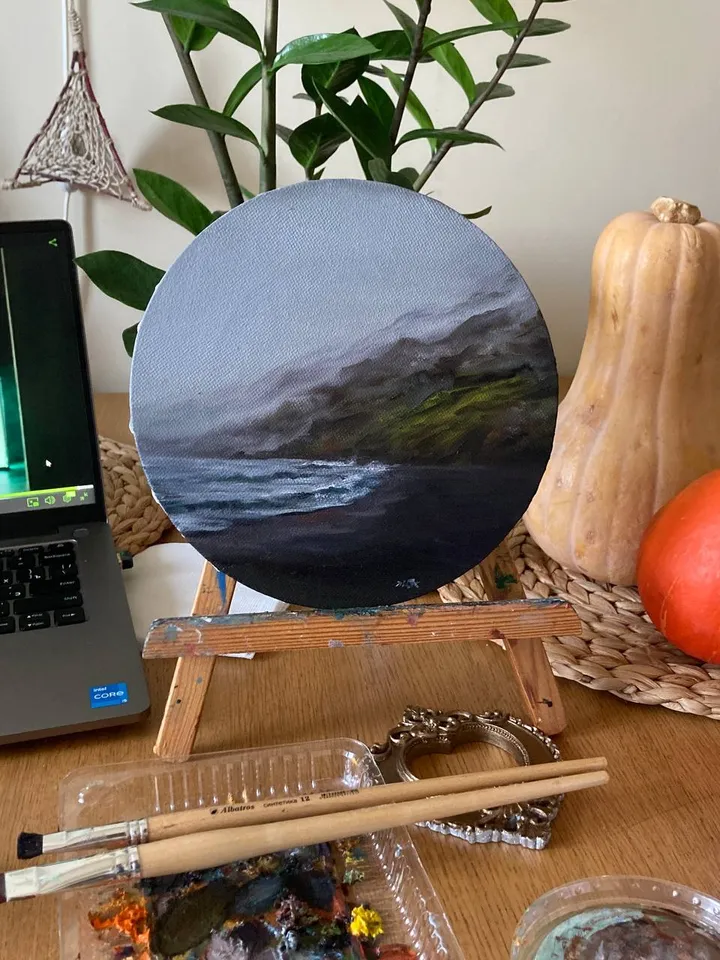 Small Landscape Round Oil Painting Dark Ocean Art Original Moody Victorian Painting Coastal Wall Decor 8 by 8 Art
