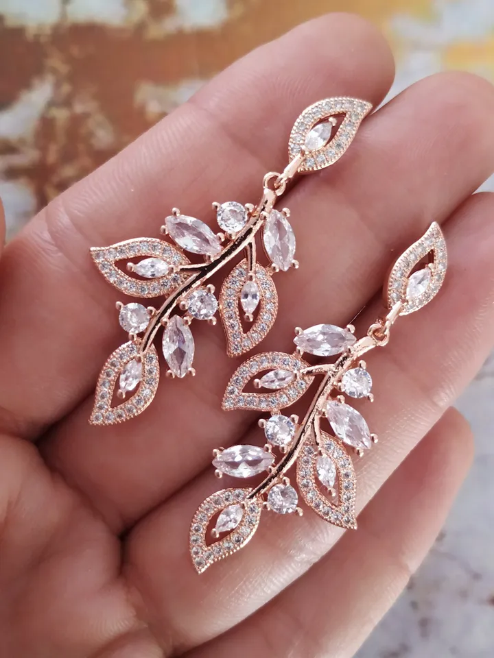 Full Zircon Rose Gold Leaf Wedding Earrings, Art Deco Jewellery Chandelier Statement Earrings, Vintage Style Floral Floral Wedding Jewelry,
