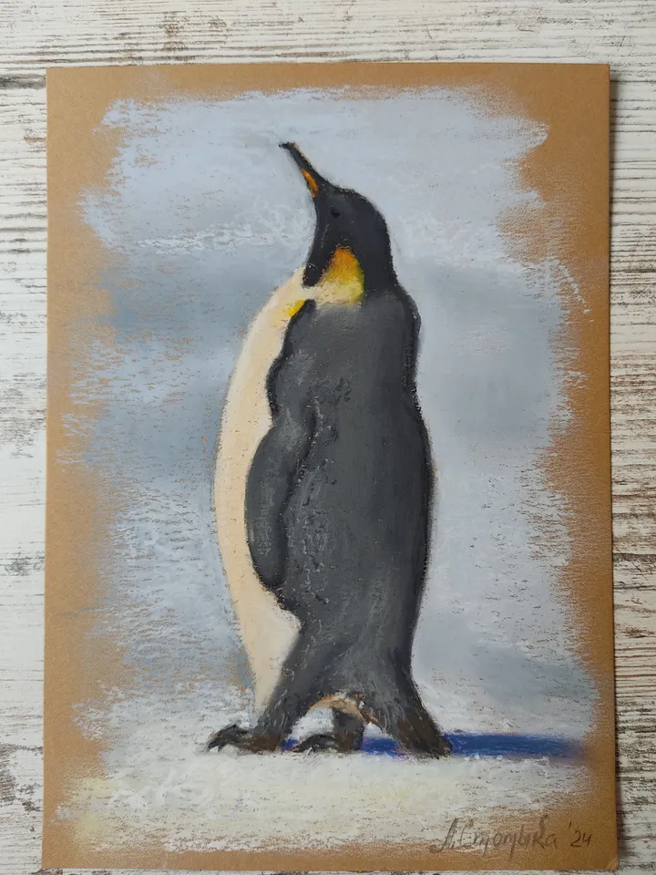 Penguin. Original oil pastel painting.