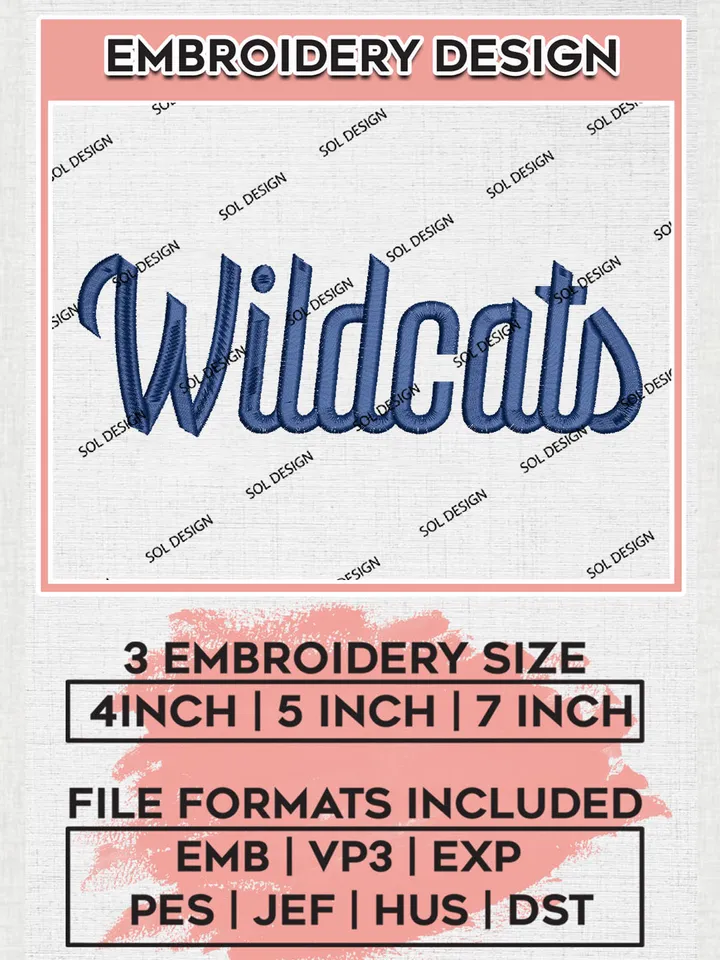 NCAA Wildcats College Team Word Logo Embroidery Design Files, NCAA Villanova Wildcats Machine Embroidery, NCAA Teams, 3 sizes, NCAA Machine embroidery designs, Digital Download