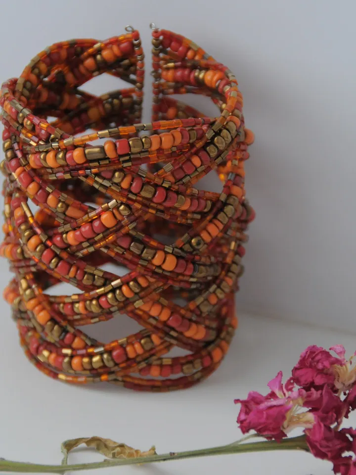 Beaded Handmade Wide Classy Elegant Bracelet | Orange Glamorous Beads Bracelet | Elegant Summer Wide Bracelet |Womans Beaded Jewerly
