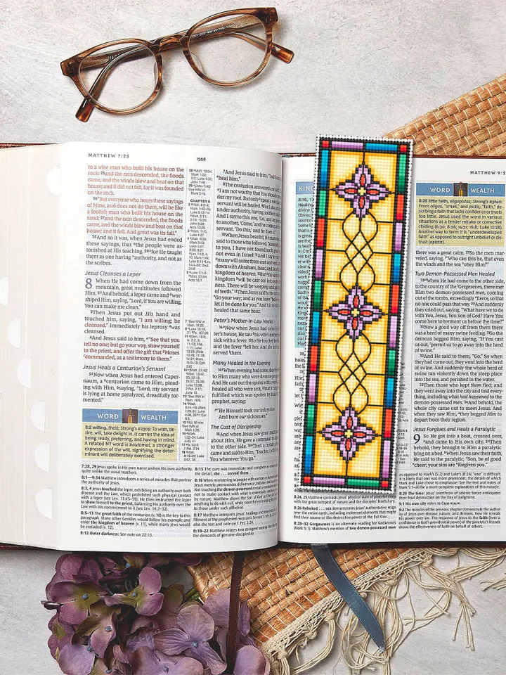 Stained glass bookmark cross stitch pattern PDF download Stained glass flower cross stitch chart, Modern bookmark pattern digital PDF #B298