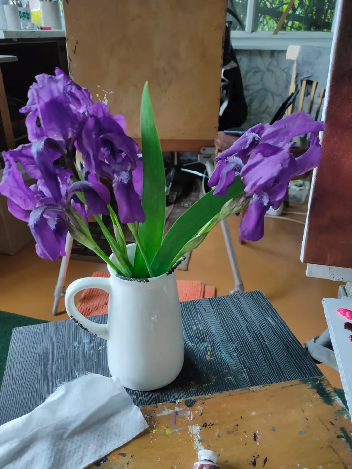 Oil Painting Bouquet of Flowers Irises Original Painting on Canvas Wall Art Impasto Painting Purple Flowers 16 x 16 inches Artist Natalia