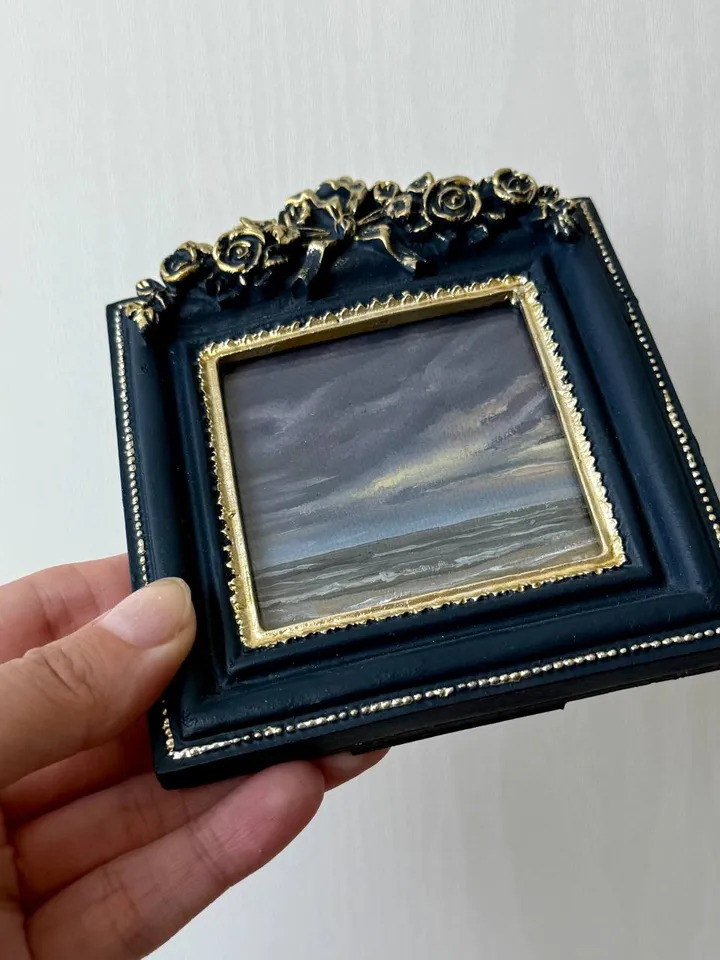 Small Landscape Oil Painting Framed Original Dark Clouds Antique Ocean Art Coastal Antique Frame Tiny Paintings 4 x 4 Art Victorian artwork