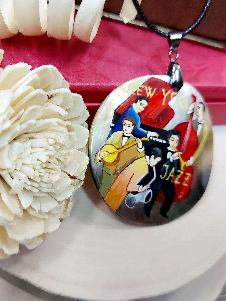 Necklace "Jazz". Mother-of-pearl Russian hand-painted. Hand paint necklace pendant. MOP.Hand painted miniature painting