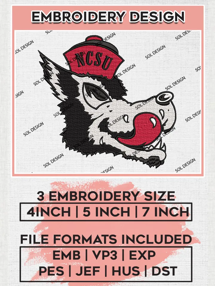 NCAA NC State Wolfpack Team Head Mascot Logo embroidery designs, NCAA NC State Wolfpack Logo Machine embroidery designs, NCAA Team Logo embroidery designs, NCAA Game Day Machine embroidery designs, Digital Download