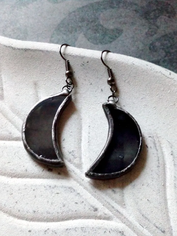 Glass crescent earrings, Black crecsent, Witchy goth aesthetic, Witch earrings, Tin soldered moon earrings