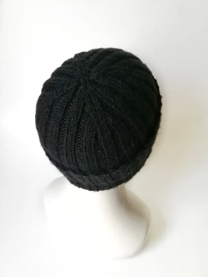 Handcrafted Black Men's Merino Wool Ribbed Beanie: Exceptionally Warm Hand-Knitted Winter Hat in Luxurious Soft Yarn. FREE SHIPPING!
