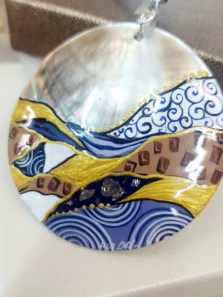 Beautiful Pendant Klimt Mother of Pearl Hand-painted Russian decoration Painting. Jewelry art Art gift Fedoskino Collectible