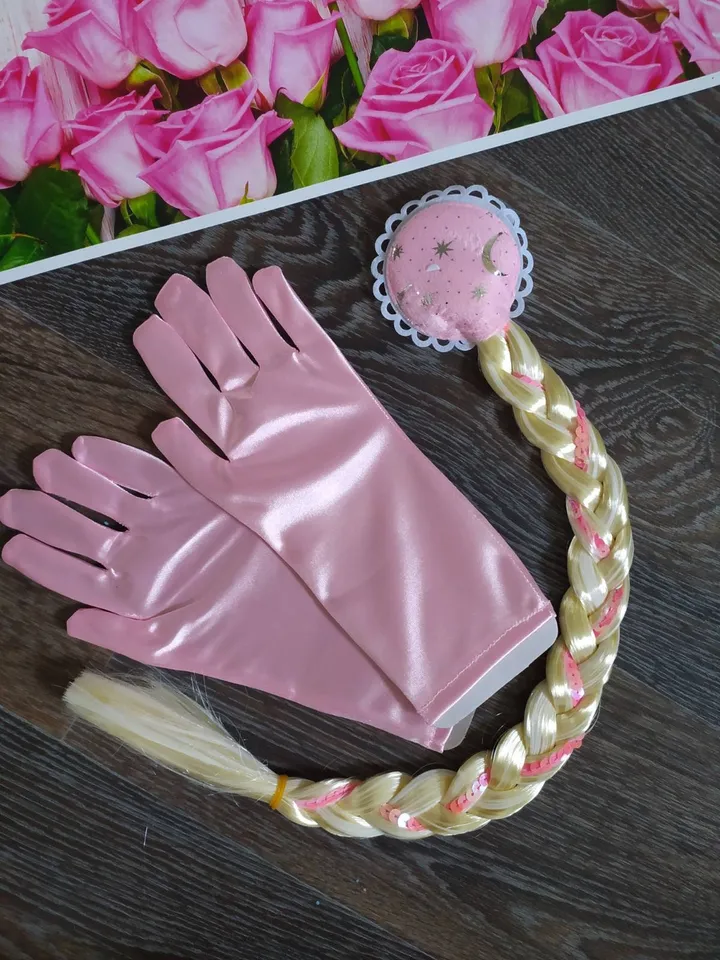 Children's satin gloves, pink, blue, a set of Elsa, Anna, frozen hair, festive set, festival gloves, artificial braid,ice gloves