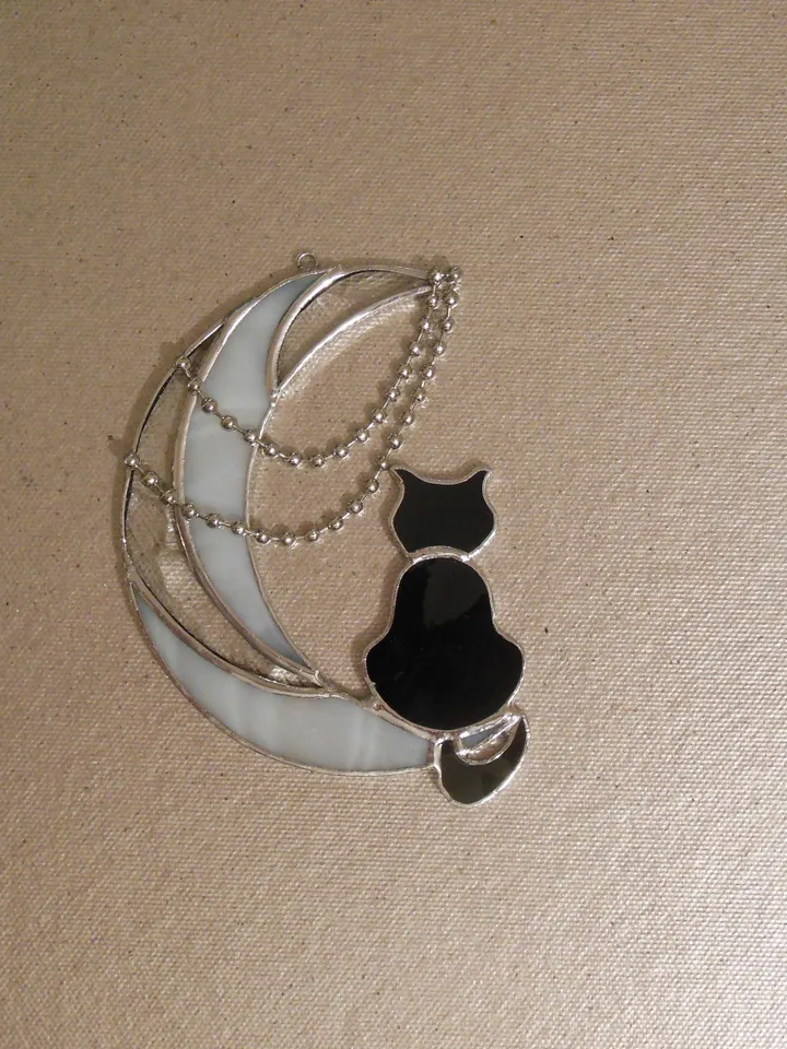 Black Cat On The Moon with Chains . Art stained glass window hanging Suncatcher . Gift for animal lover , pet loss memorial . White , black