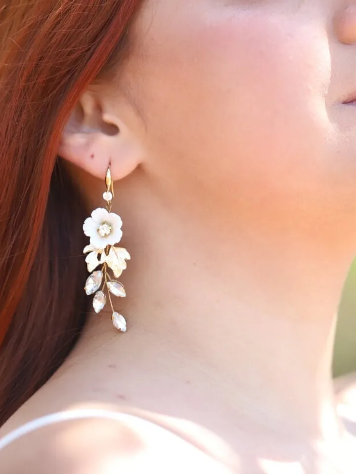 Porcelain Flower Wedding Earrings, Gold Floral Statement Bridal Earrings, Boho Wedding Earrings, Statement Wedding Jewelry Set, Jewellery