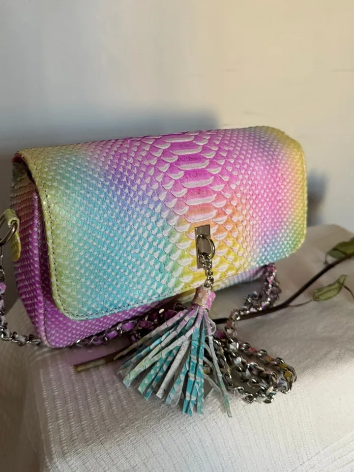 Genuine python skin midi crossbody bag unicorn rainbow color, summer bright crossbody, elegant classy crossbody purse genuine leather