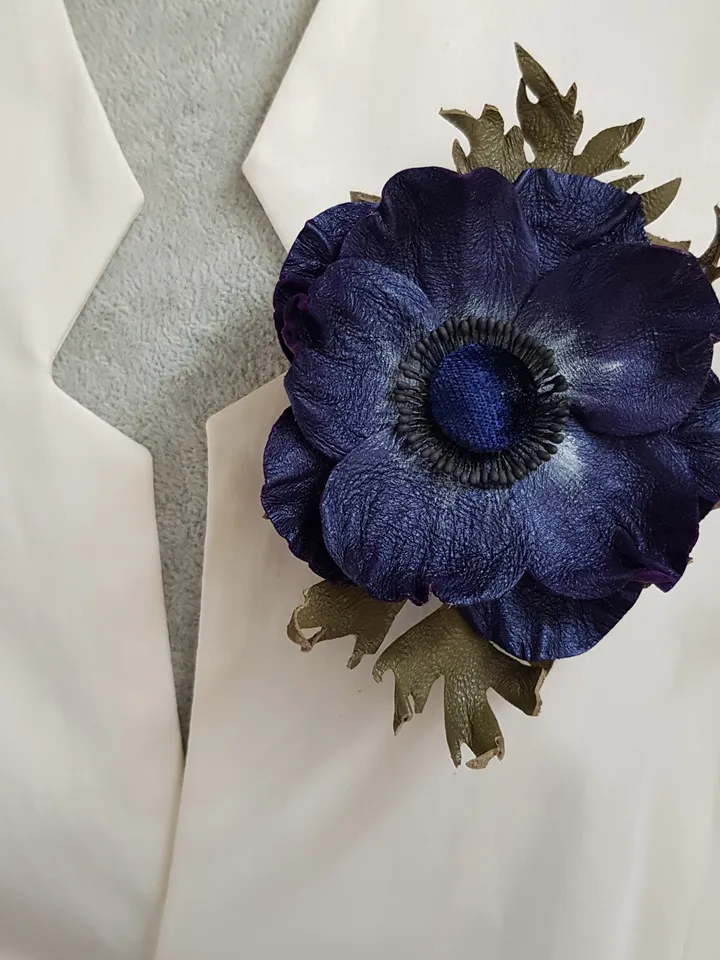 Dark blue leather brooch for her, Leather women's jewelry