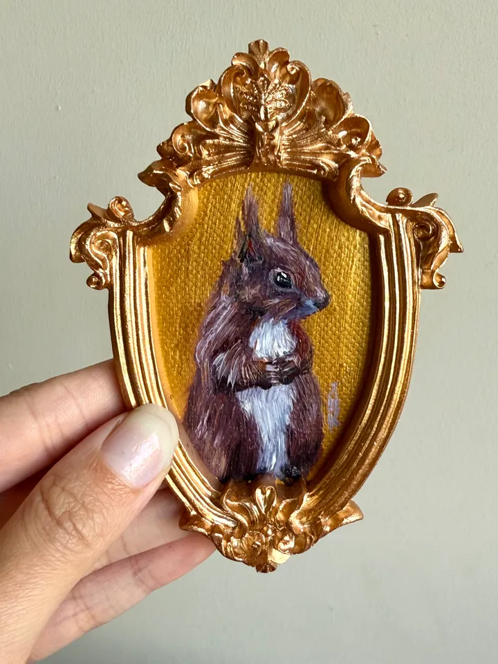 Framed Squirrel Oil Painting Original Wild Animals Art Cute North Squirrel Painting Gold Frame Victorian Painting